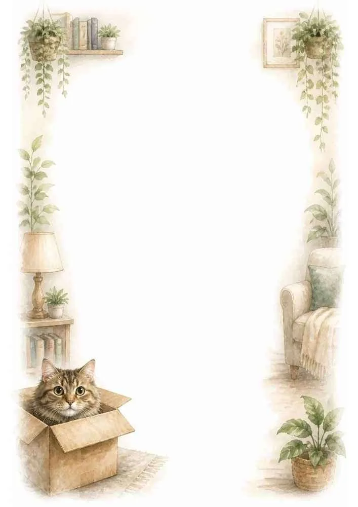 Kitten sitting inside a cardboard box with a blank writing page.