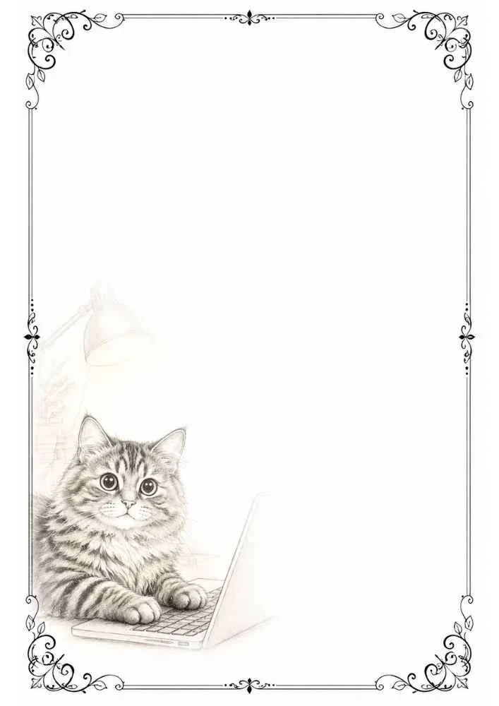 Fluffy kitten using a laptop inside a decorative writing border.