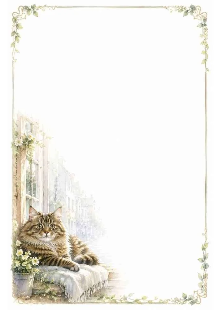Fluffy tabby cat by a sunny window with a floral border.
