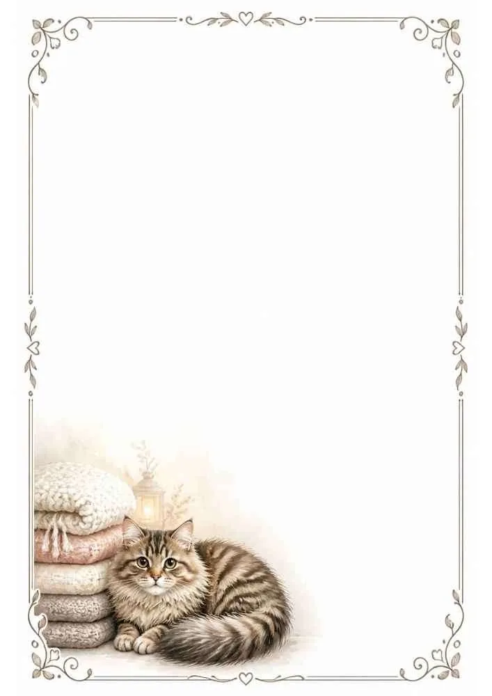 Fluffy kitten beside blankets and a lantern with a decorative border.