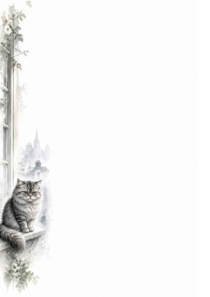 Gray cat on a windowsill beside a large blank writing space.
