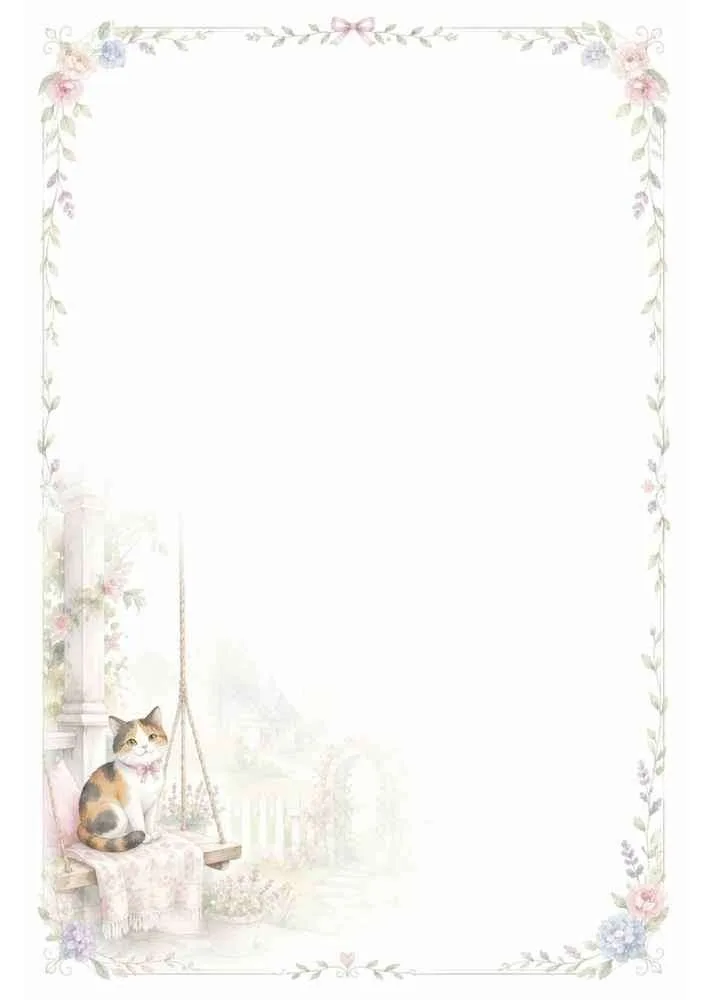 Calico cat on a garden swing with a floral writing border.
