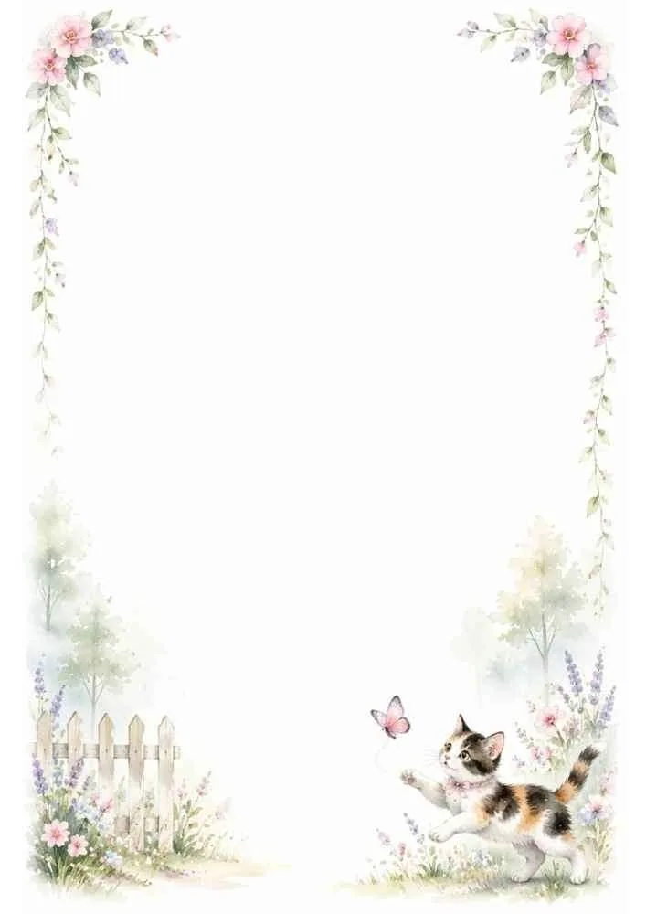 Calico kitten chasing a butterfly in a flower garden with a floral writing border.