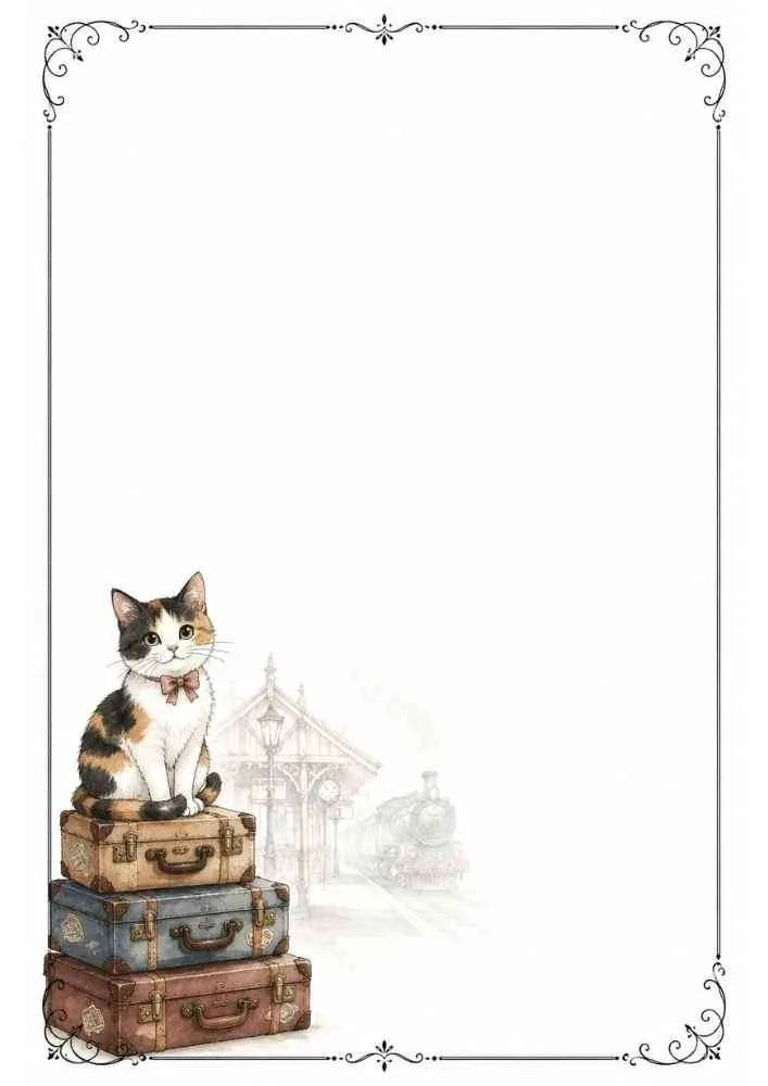 Calico kitten on stacked suitcases with a train station and decorative border.