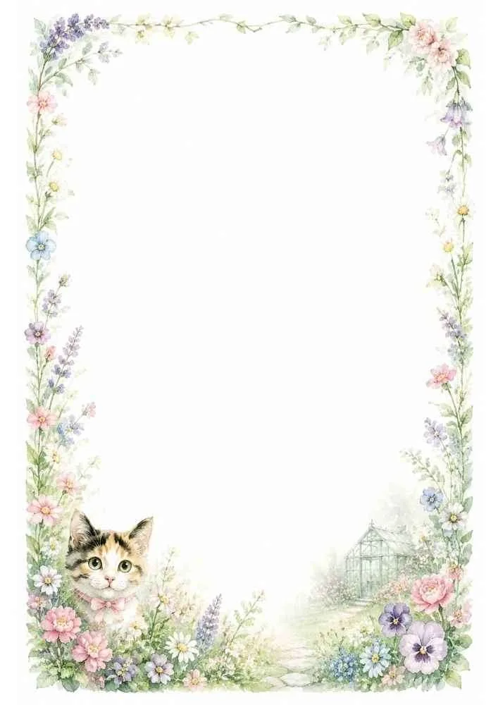 Calico kitten in a flower garden with a greenhouse and floral border.