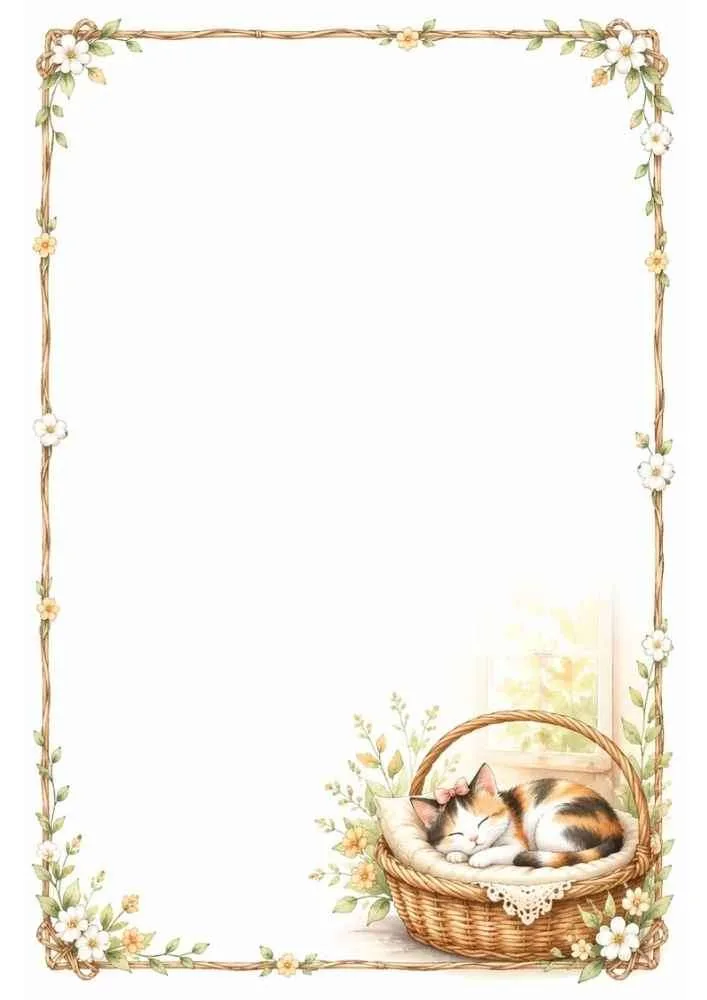 Sleeping calico kitten in a woven basket with a floral writing border.