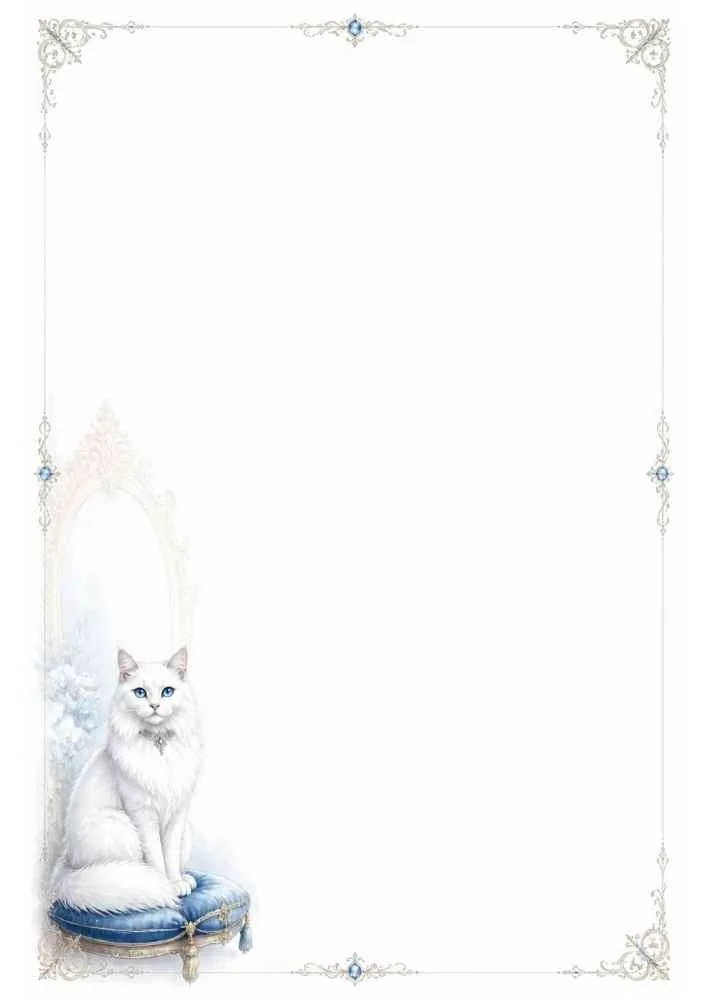 White cat with blue eyes on a blue cushion inside an elegant border.