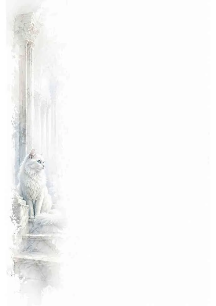 White cat on marble steps beside columns with a blank writing area.