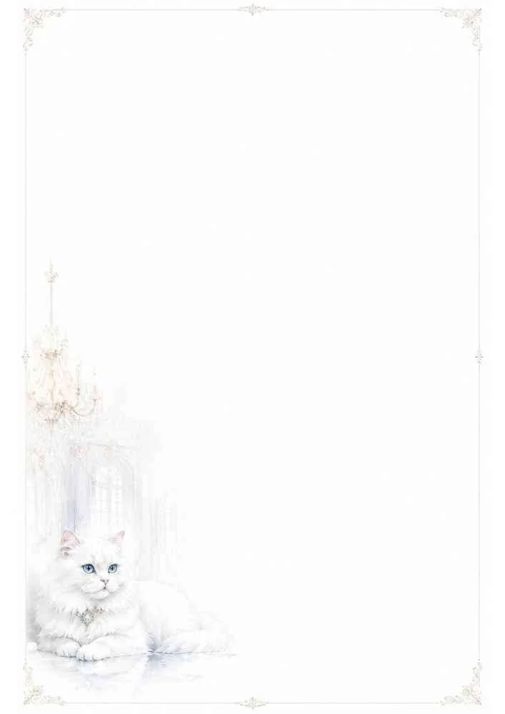White cat under a chandelier with an elegant writing border.