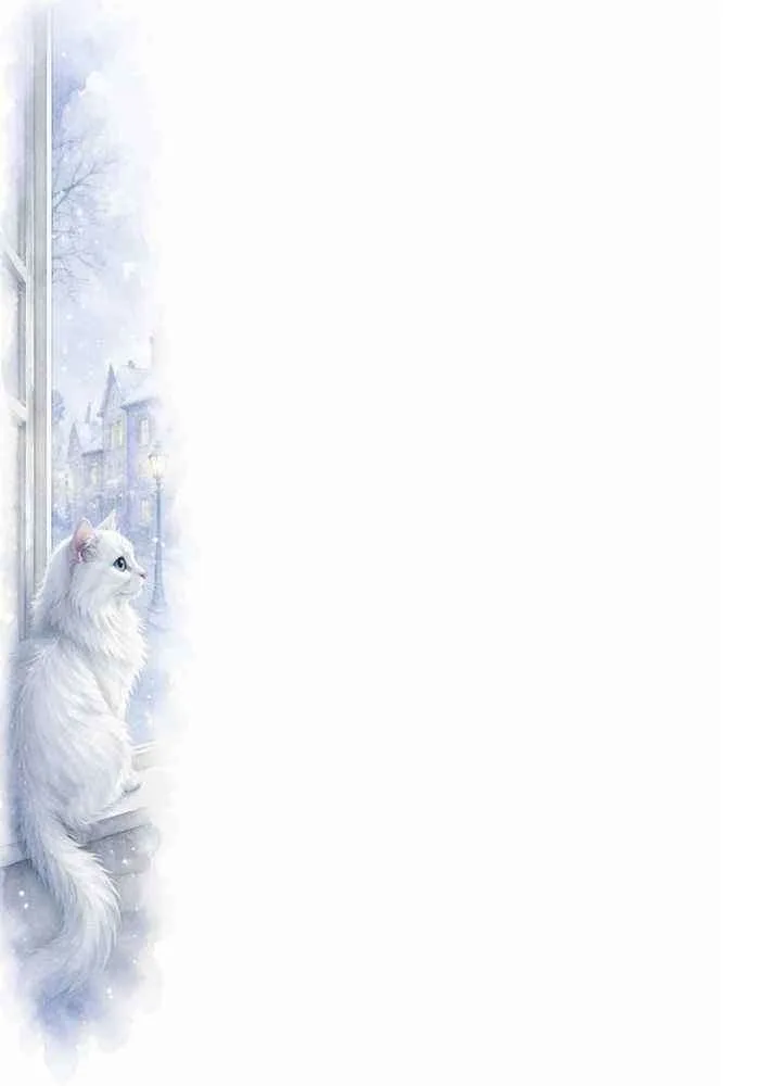 White cat looking out a snowy window with a blank writing page.