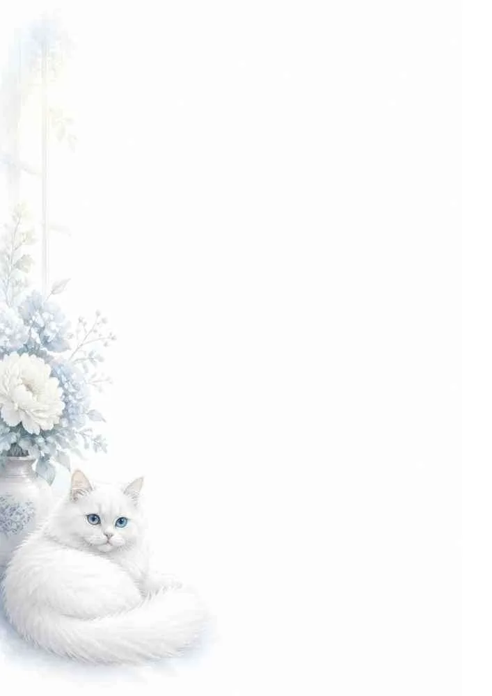 White cat beside a vase of white flowers with a blank writing area.