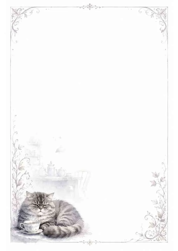 Gray cat beside a teacup inside an elegant floral writing border.