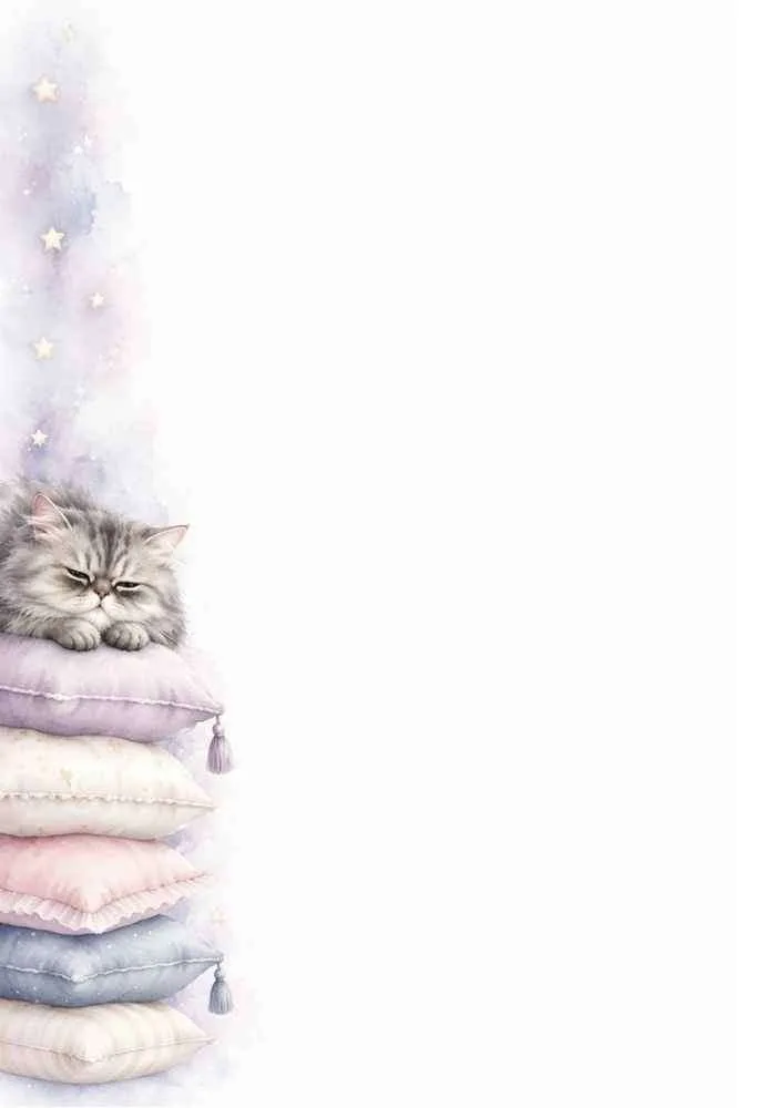 Sleeping gray kitten on stacked pillows with a large blank writing area.