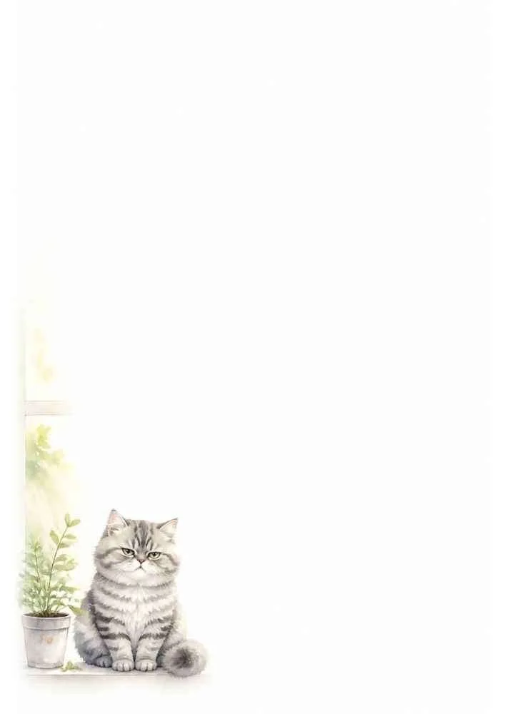 Gray cat beside a potted plant with a clean writing page.