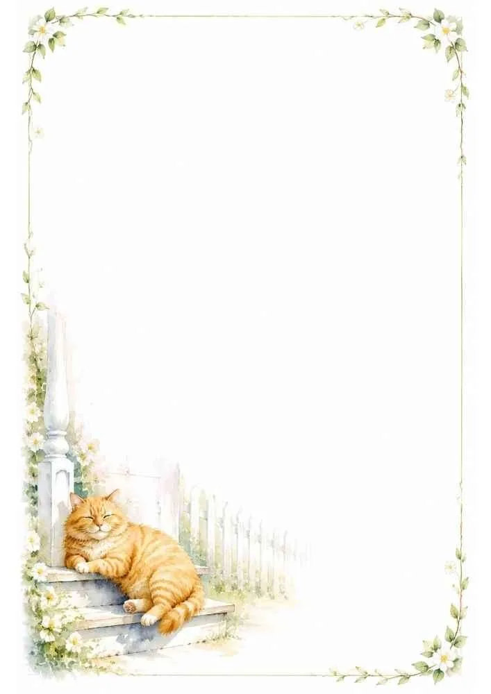 Orange tabby cat on garden steps with a floral writing border.