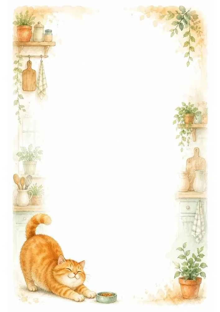 Orange cat stretching in a cozy kitchen with a blank writing area.