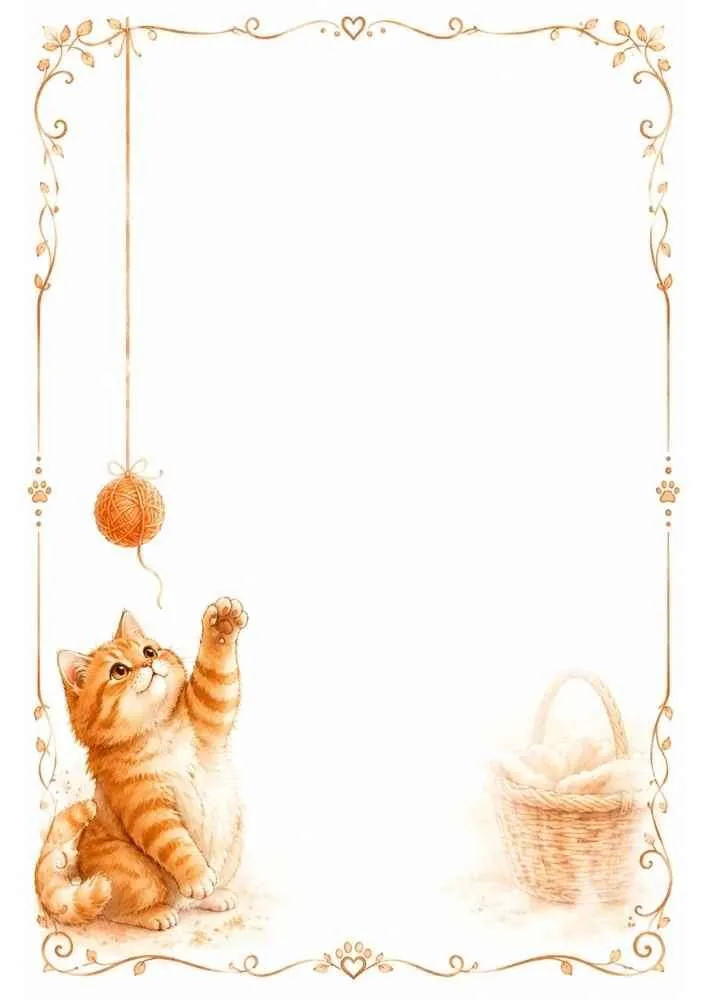 Orange kitten playing with yarn inside a decorative writing border.