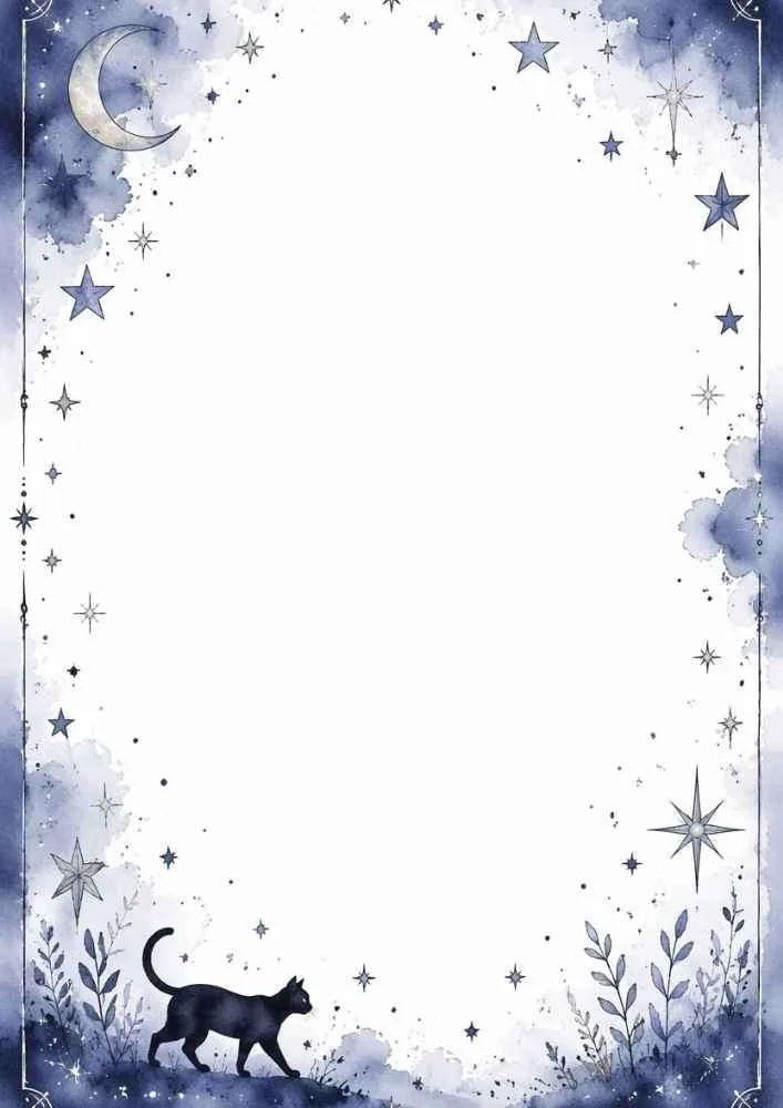 Blue border with a black cat, crescent moon, stars, clouds, and open writing space.