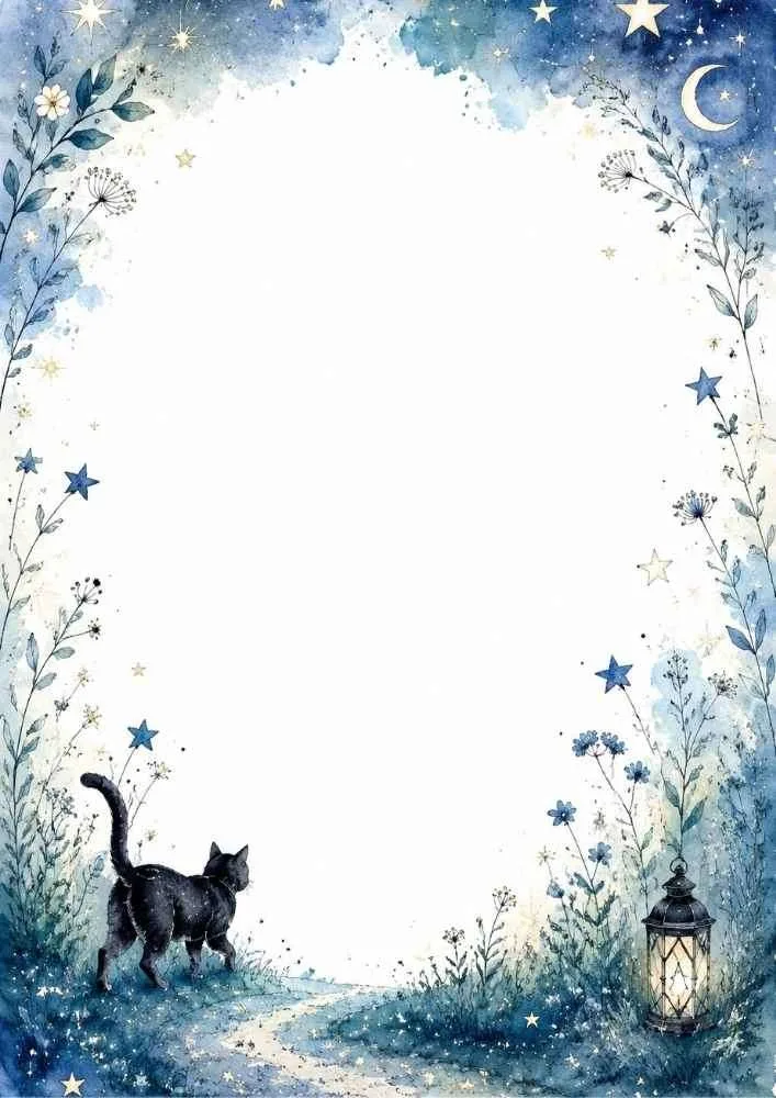 Black cat, lantern, flowers, moon, stars, and blank center.
