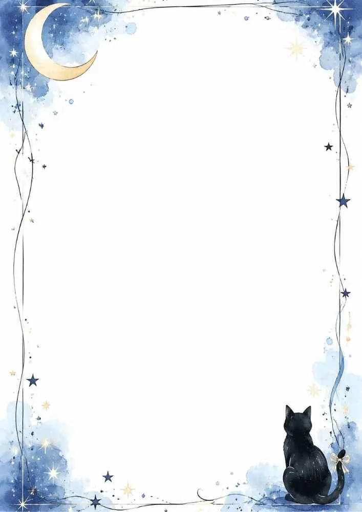 Black cat, crescent moon, stars, and simple blue border.