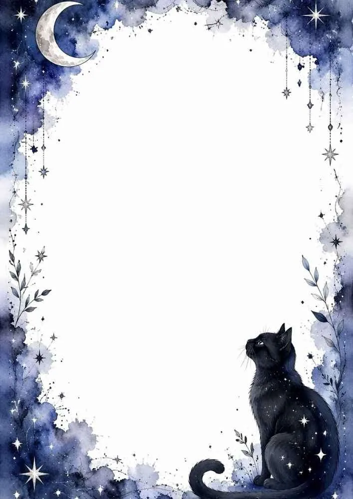 Black cat looking up with moon, stars, and blue watercolor border.