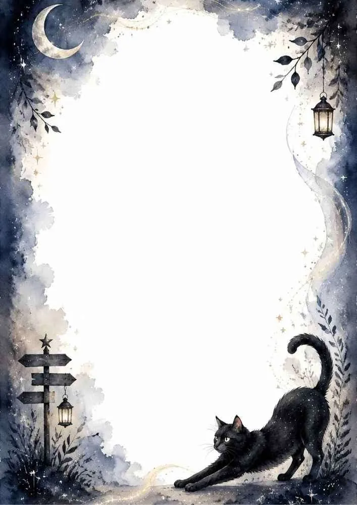 Stretching black cat with lantern, moon, stars, and blank center.