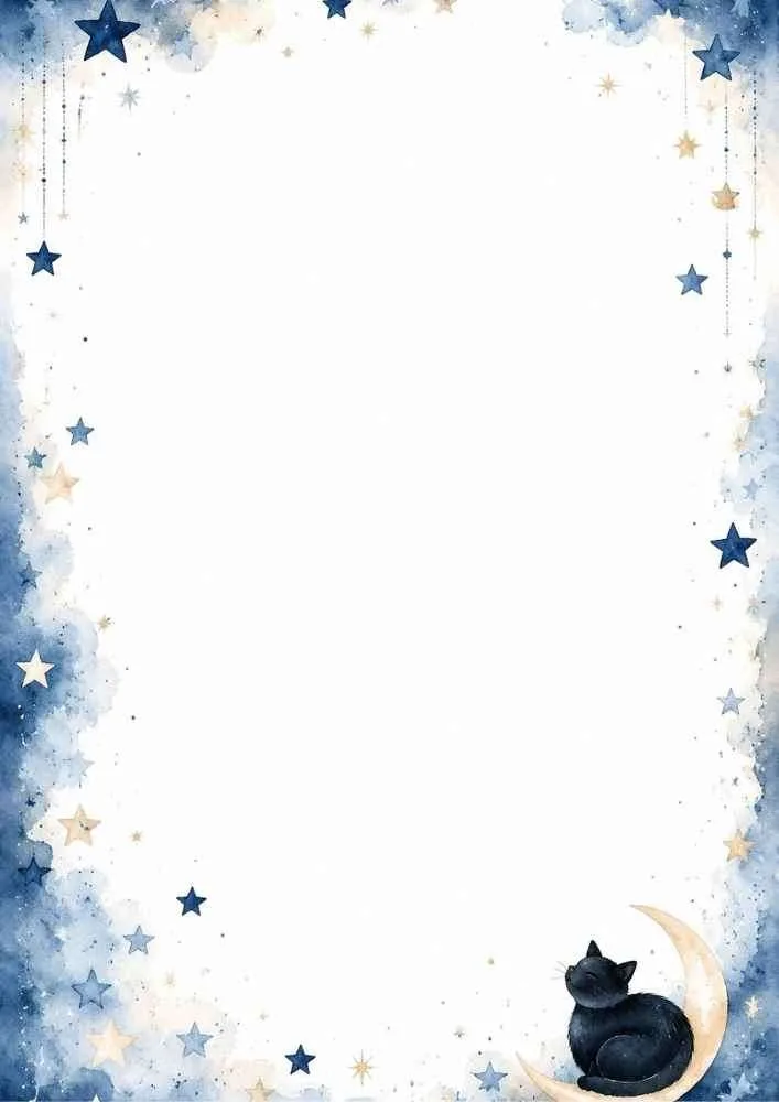 Black cat on crescent moon with stars and blue border.