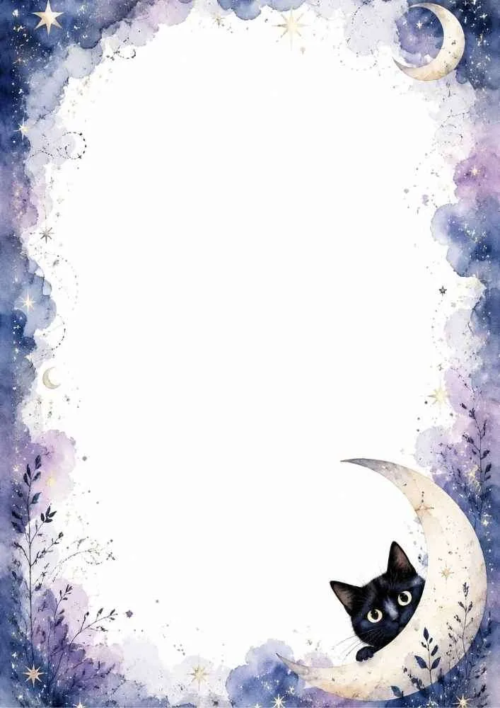 Black cat peeking from crescent moon with stars and blank center.