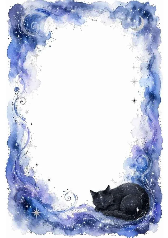 Sleeping black cat with swirling blue border, moon, and stars.