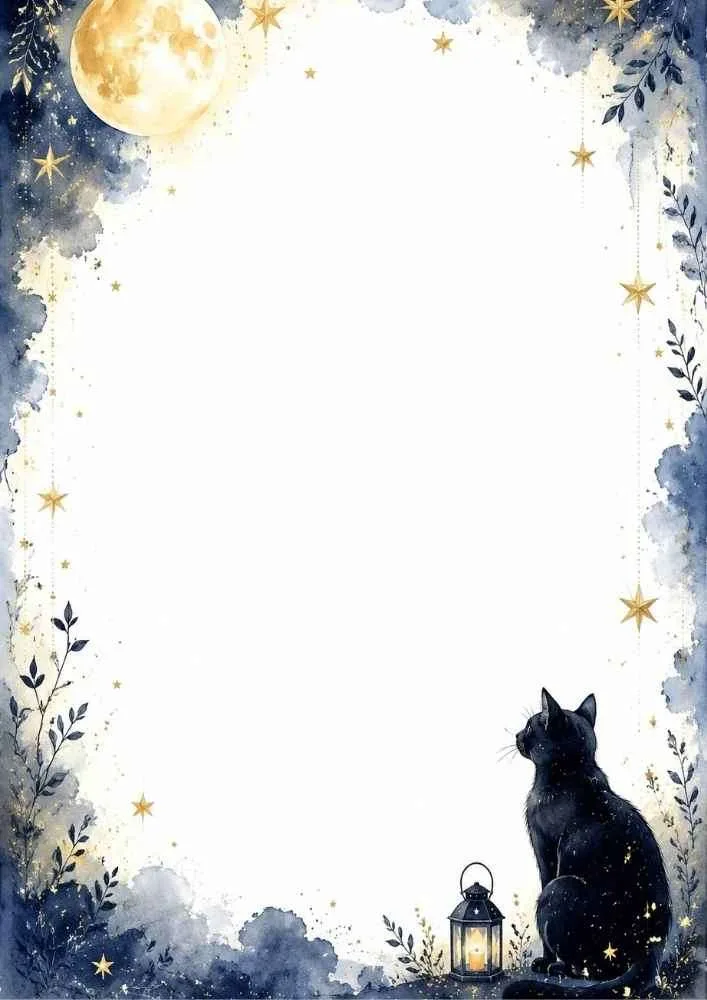 Black cat, lantern, full moon, golden stars, and blank center.