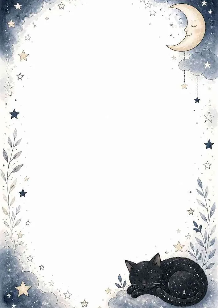 Sleeping black cat with smiling moon, stars, and blue border.