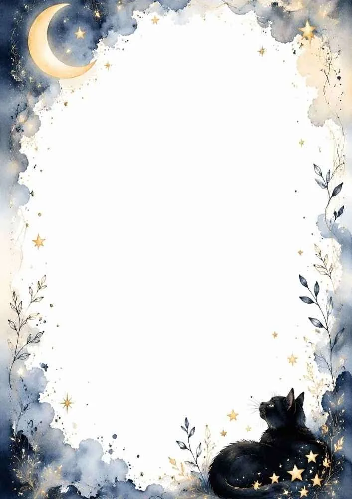 Black cat looking up with crescent moon, stars, and blue clouds.