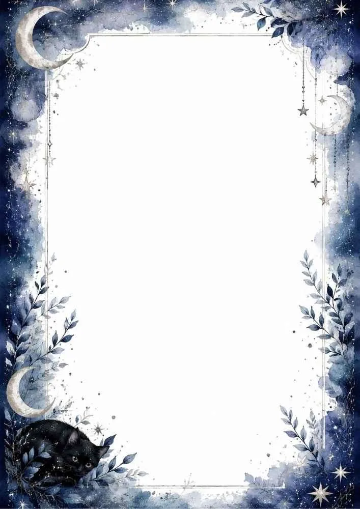 Black cat with moons, stars, leaves, and a blue night border around blank space.