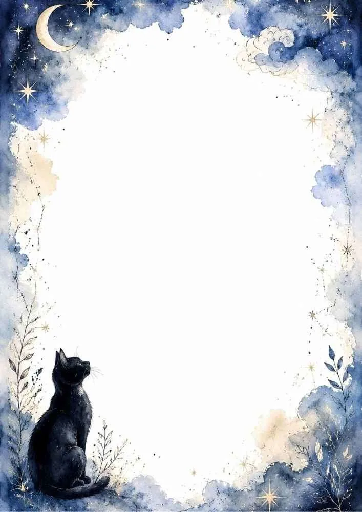 Black cat with crescent moon, stars, blue clouds, and open writing space.