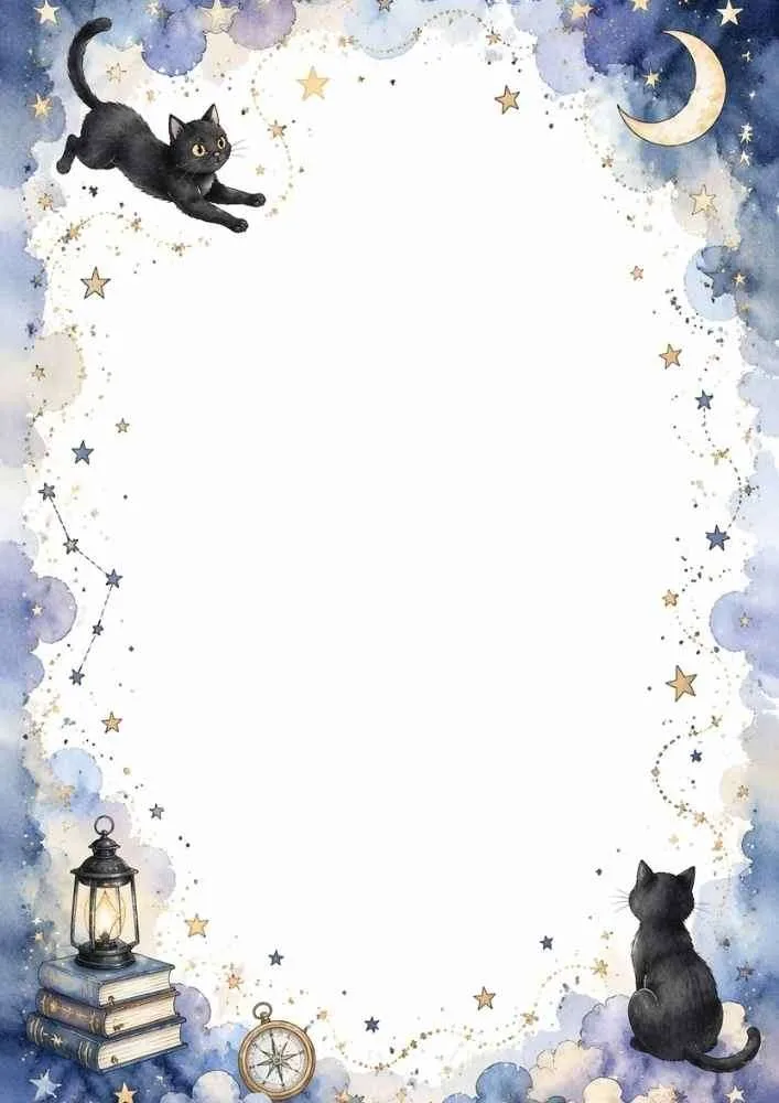 Two black cats, crescent moon, books, lantern, compass, stars, and a blue watercolor border around a blank center.