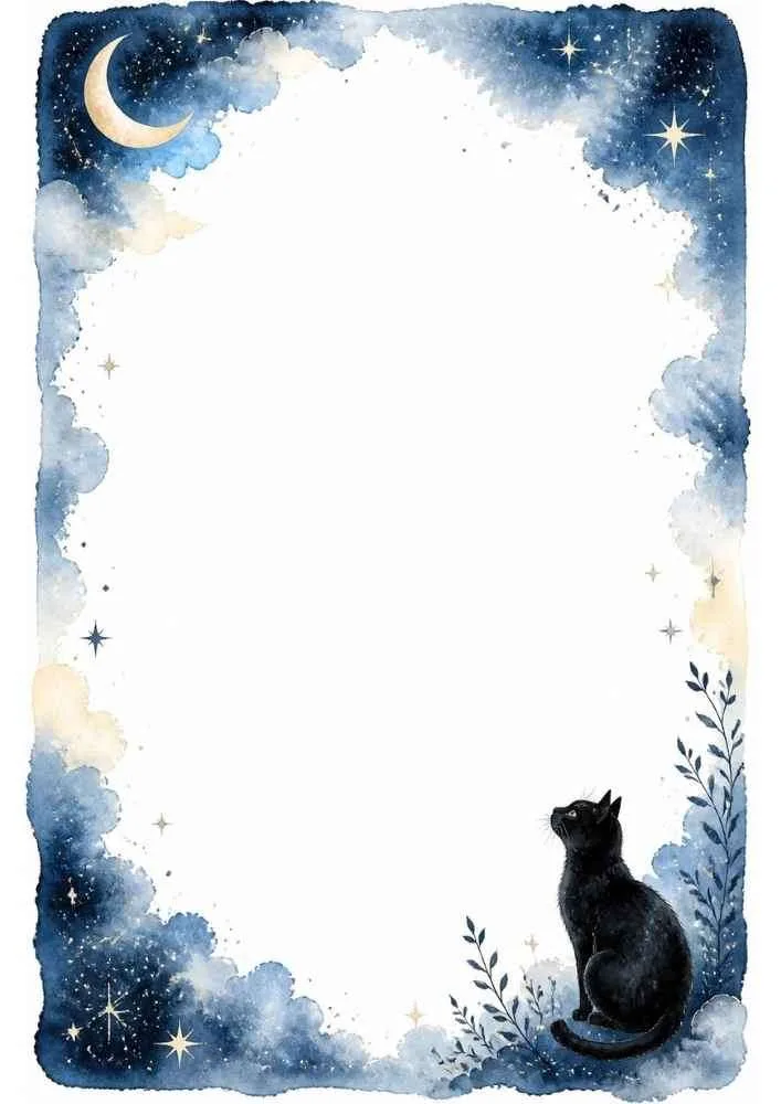 Black cat, crescent moon, stars, blue clouds, and a blank center.