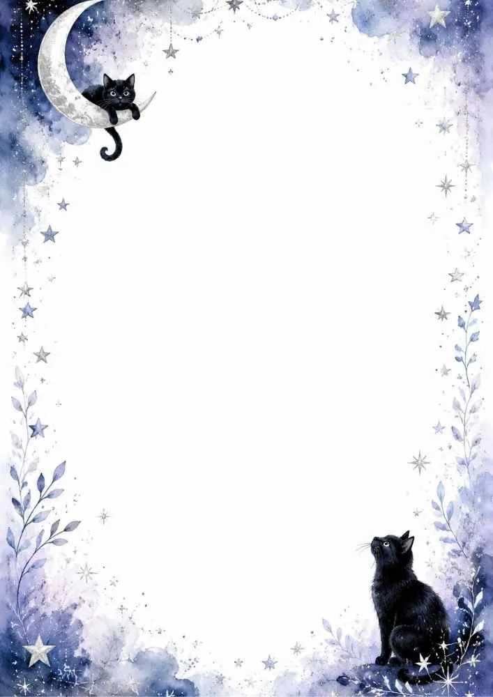 Two black cats, crescent moon, stars, leaves, and open center.