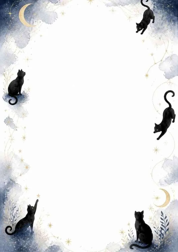 Four black cats with moons, stars, and blue cloud border.