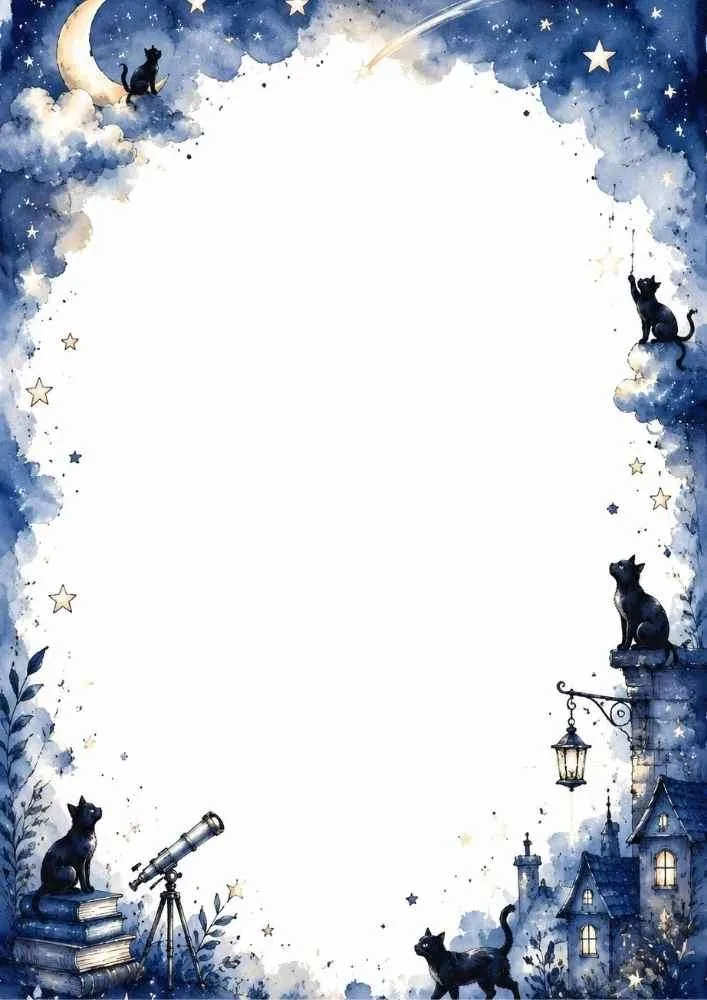 Black cats, telescope, village, moon, stars, and blank center.