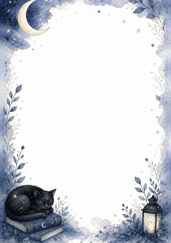 Sleeping black cat on books with lantern, moon, stars, and blank center.