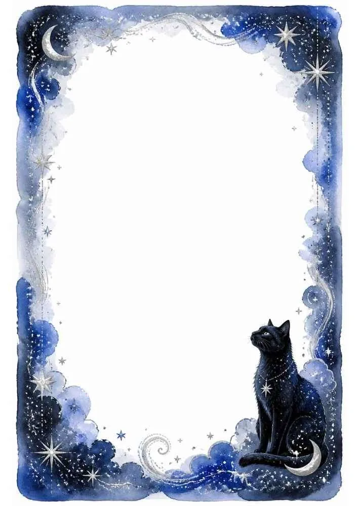 Black cat, crescent moon, stars, blue clouds, and open center.