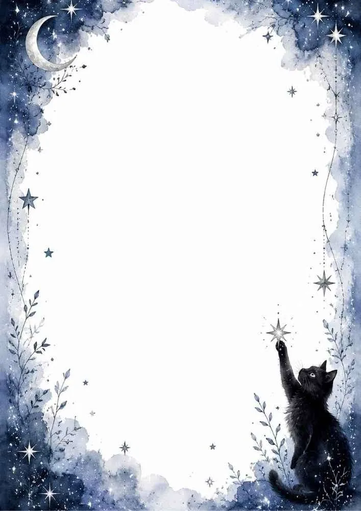 Black cat reaching for a star with moon and blue night border.