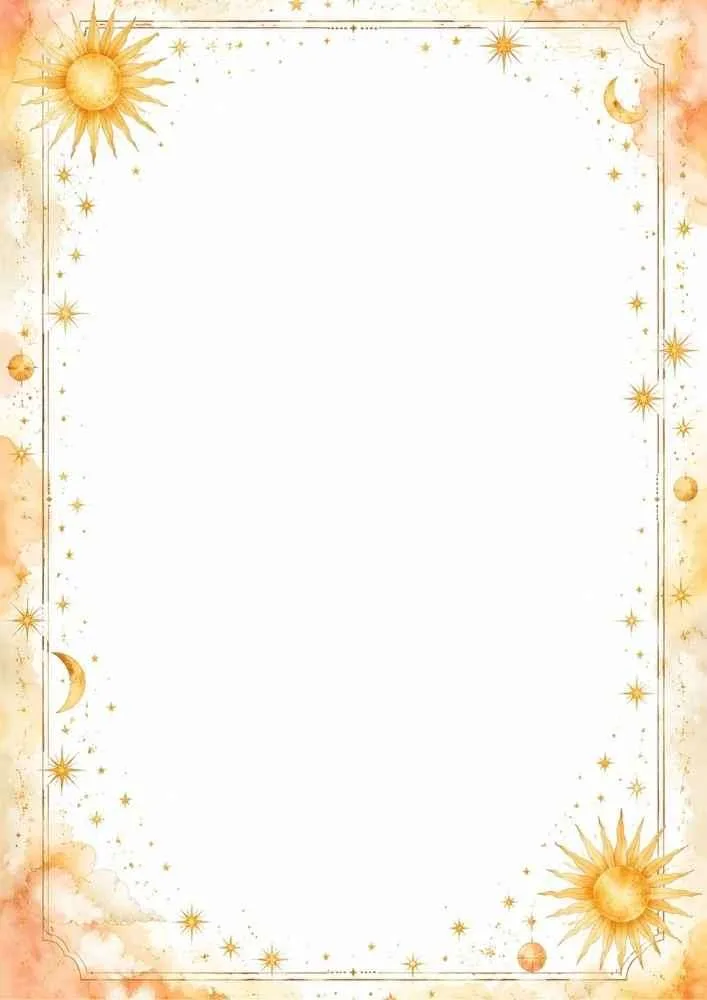 Watercolor border with golden suns, stars, and a large blank center.