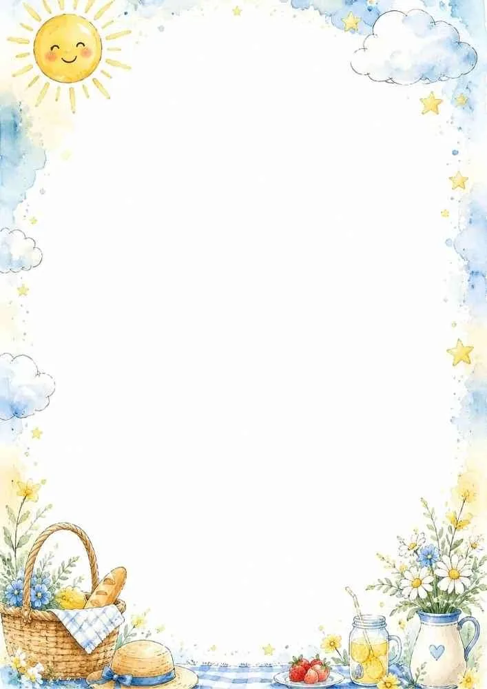 Picnic themed border with sun, basket, flowers, lemonade, and blank center.