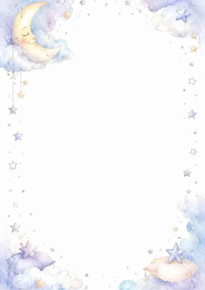 Dreamy border with sleeping moon, clouds, stars, and blank center.