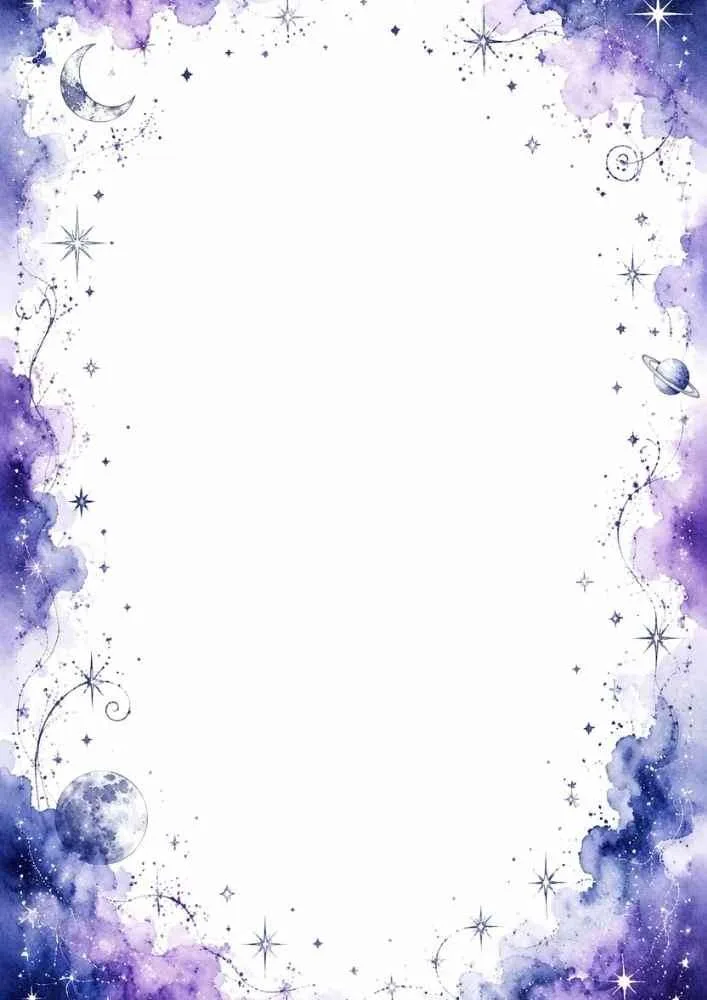 Purple galaxy border with moon, planets, stars, and blank center.