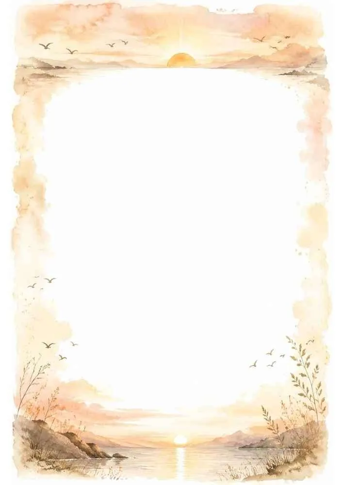 Sunrise landscape border with water, birds, hills, and blank center.