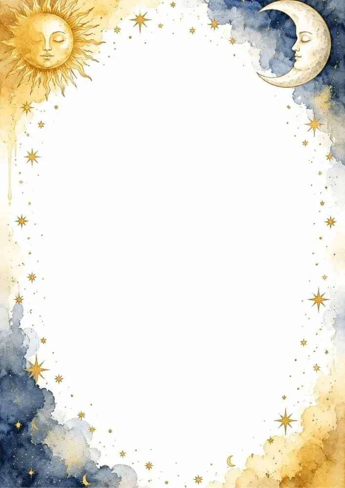 Watercolor border with sun, moon, clouds, stars, and blank center.