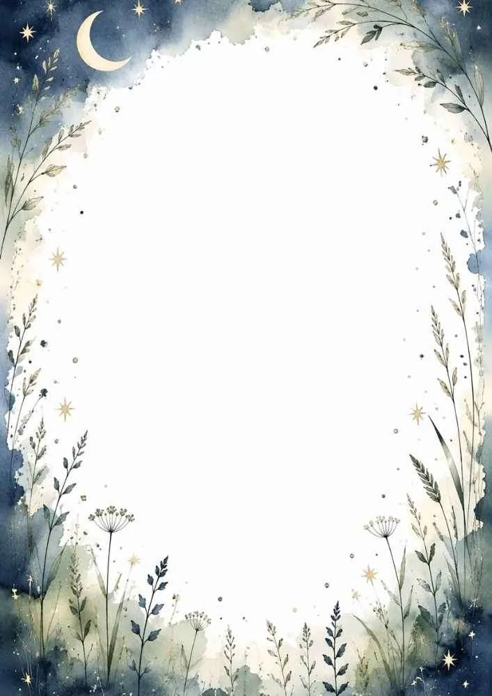Nature border with moon, wildflowers, grasses, and blank center.