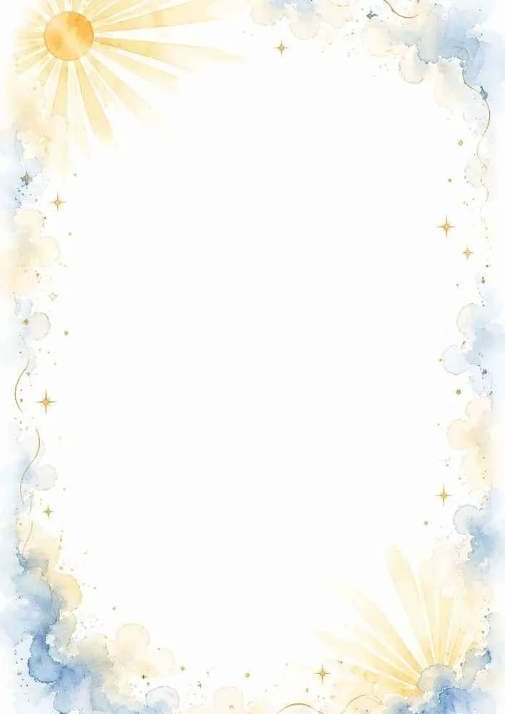 Sunny watercolor border with clouds, stars, and blank center.